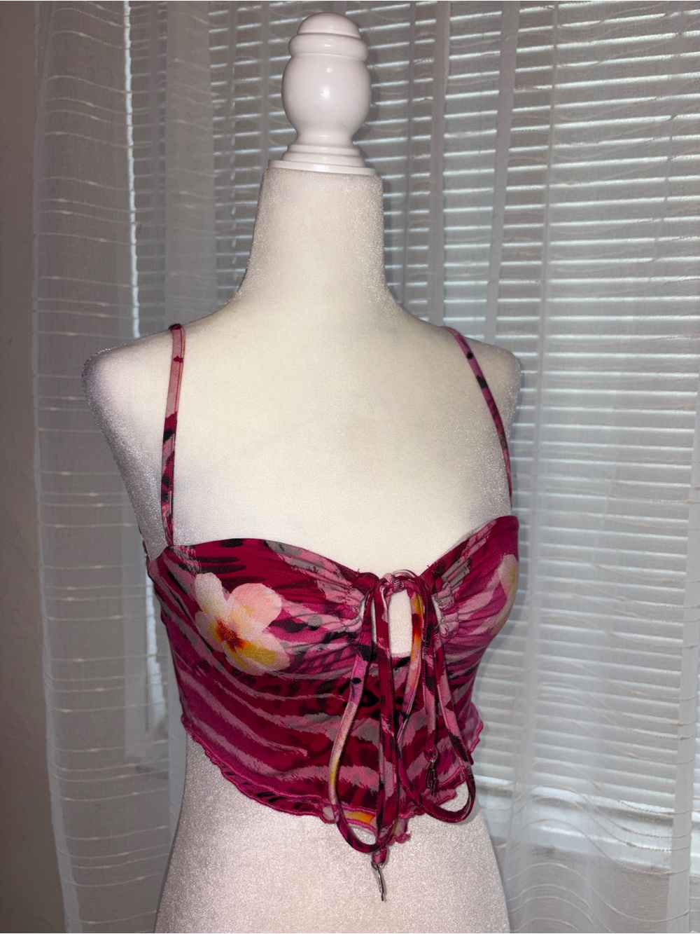 I.AM.GIA Floral Tie-Front Crop Top in Fuchsia Pink